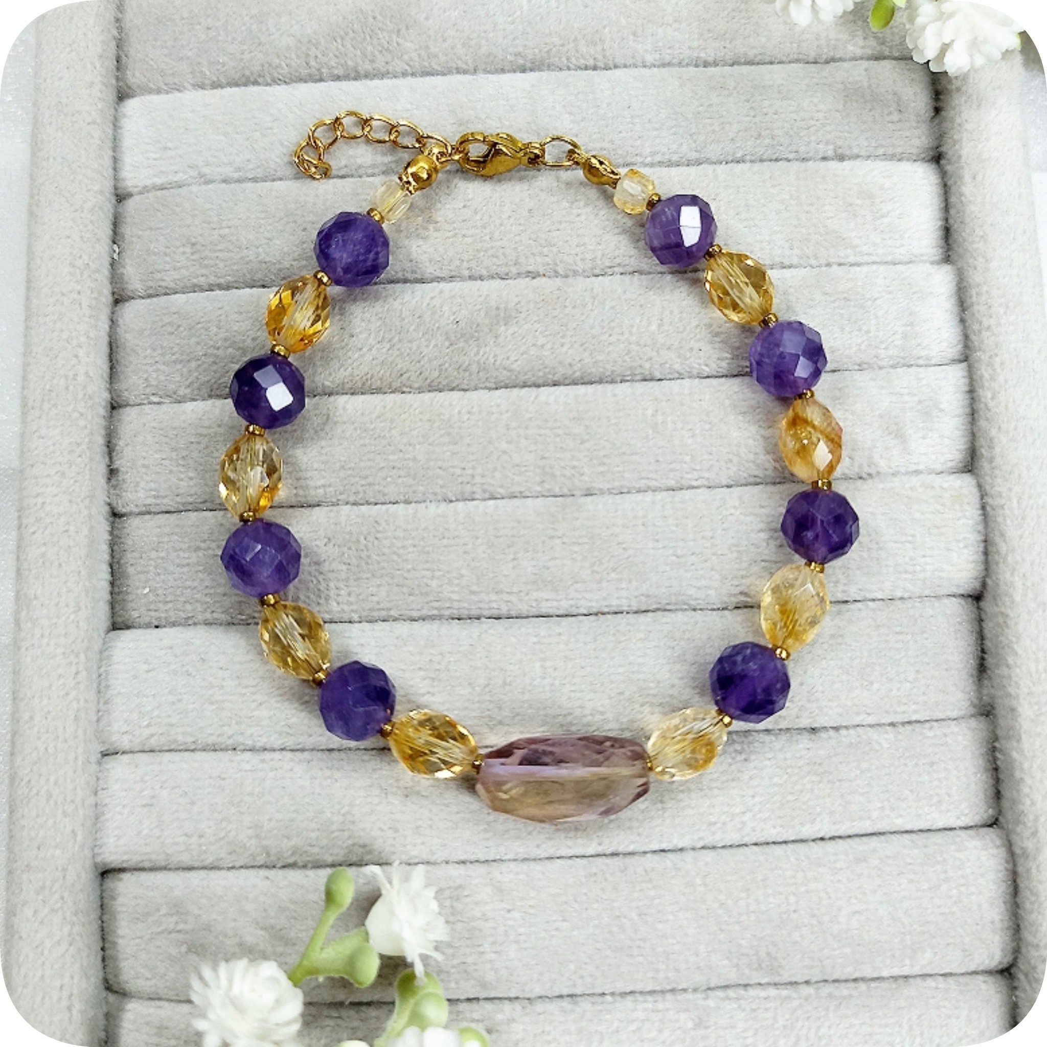 دستبند سیترین و آمیتیست و میانکار آمیترین جواهری